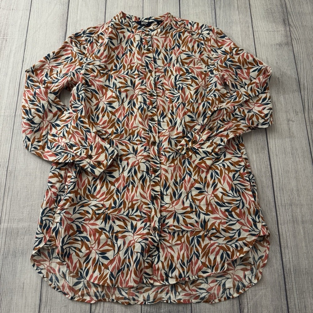 Lands End 100% Linen Floral Leaves Hi Lo Button Top Tunic Women S Colorful Pkts